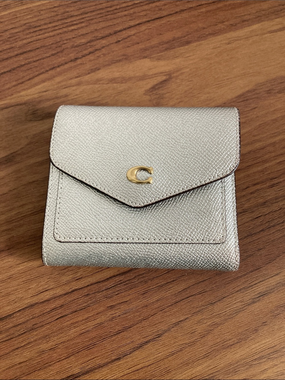Coach Metallic Silver Envelope Wallet with Gold 'C' Accent